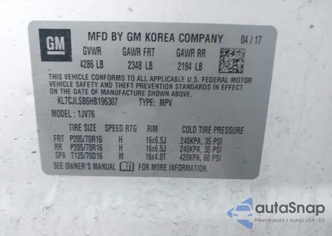 2017 Chevrolet Trax Lt from USA, damaged, VIN KL7CJLSB6HB196307